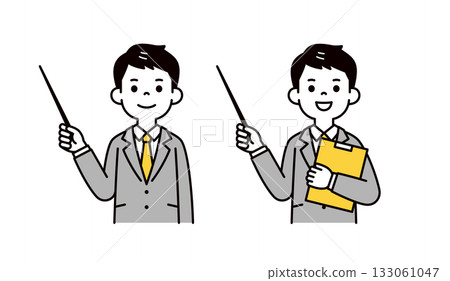 A set of upper body vector illustrations of a young man in a suit introducing himself with a pointer A set of upper body vector illustrations of a young man in a suit introducing himself with a pointer 133061047