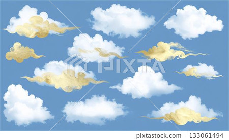 一組金色水墨雲朵插圖，裝飾性日式設計 133061494