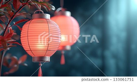 Elegant Red Lanterns with Soft Glow in Serene Dark Interior Setting for Festive Atmosphere 133061751