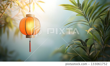 Vintage Lantern Hanging in Natural Setting Surrounded by Lush Greenery and Soft Light 133061752