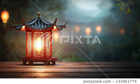 Traditional Chinese Lantern Glowing Beautifully in Serene Evening Garden Setting 133061774