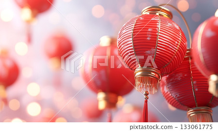 Vibrant red lanterns hanging against a soft bokeh background, symbolizing celebration and culture 133061775
