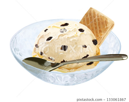 Chocolate chip ice cream (vanilla) with bowl and spoon Chocolate chip ice cream (vanilla) with bowl and spoon 133061867