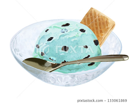 Chocolate chip ice cream (chocolate mint) with bowl and spoon 133061869