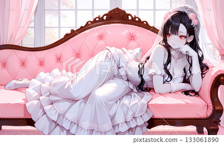 A captivating bride relaxing on an antique couch. A manga-style AI illustration that can also be used as a thumbnail for landscape videos. 133061890