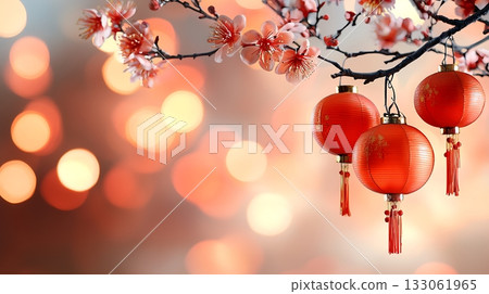 Beautiful Cherry Blossom Branch with Red Lanterns and Bokeh Background for Celebrations 133061965