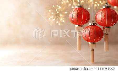 Beautiful Red Lanterns Hanging with Warm Light for Celebrations and Festive Occasions Beautiful Red Lanterns Hanging with Warm Light for Celebrations and Festive Occasions 133061992