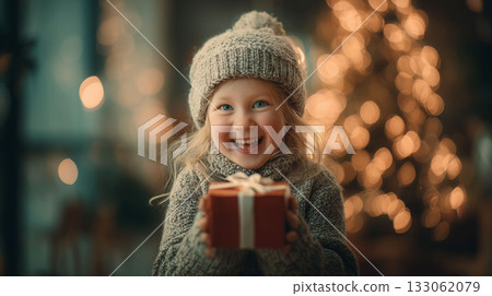 A cute child smiling happily with a Christmas present in his hands. A happy expression that conveys joy A cute child smiling happily with a Christmas present in his hands. A happy expression that conveys joy 133062079