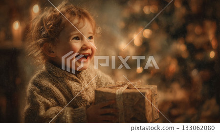 A happy Christmas scene with a child's big smile and a gift full of joy 133062080