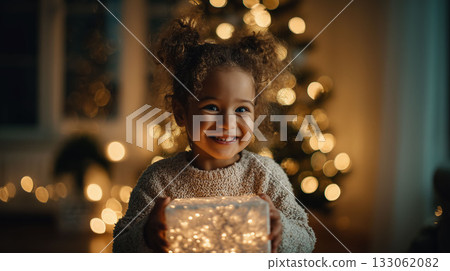 收到聖誕禮物後,一個可愛的小孩臉上露出燦爛的笑容——多麼快樂美好的時刻! 收到聖誕禮物後,一個可愛的小孩臉上露出燦爛的笑容——多麼快樂美好的時刻! 133062082