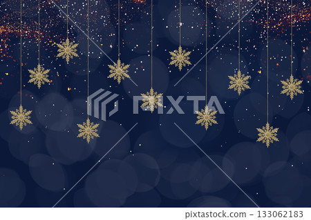Christmas blue background of golden snowflakes on a string. Holiday card for New Year and Christmas with space for greetings, labels and your design. 133062183