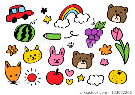 Hand-drawn colorful doodle icon set: Car, animal, fruit, rainbow, flower motif collection 133062206