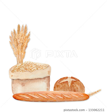 Bread loaf, baguette, grain sack, ear of wheat, Watercolor illustration hand-painted and isolated on white. Perfect for bakery branding, food packaging, kitchen prints, farm design projects. Sourdough 133062211