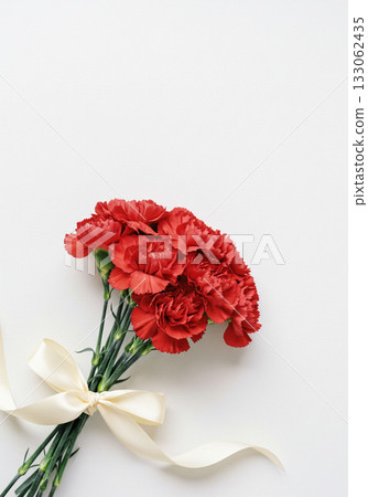 Red Carnation Bouquet with Ribbon on White Background 133062435