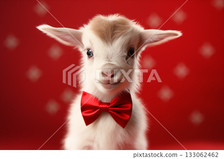 Baby goat with a red bow on a red background Baby goat with a red bow on a red background 133062462