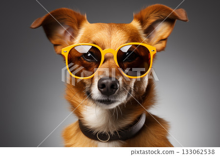 Dog wearing sunglasses. Happy dog with sunglasses. Portrait of smiling dog wearing sunglasses. Happy pet concept 133062538