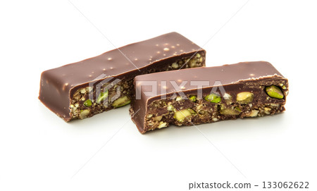 Chocolate bars isolated on white background. Dubai chocolate. Chocolate bars isolated on white background. Dubai chocolate. 133062622