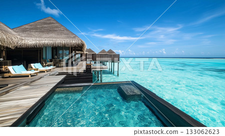 Tropical beach. Summer vacation on a tropical island with beautiful beach and palm trees. Tropical Maldives. 133062623