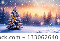 Christmas tree and winter forest. Christmas decoration on dark background 133062640