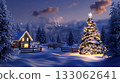 Christmas tree and winter forest. Christmas decoration on dark background 133062641