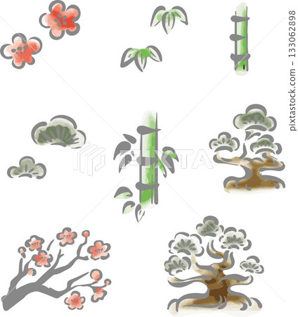 Pine, bamboo, and plum illustration set. Hand-drawn Japanese painting, ink painting, handwritten, Japanese style, Japanese pattern, modern, decorative material. 133062898
