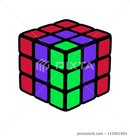 Vibrant geometric vector Rubik's cube puzzle game icon illustration in red, purple, and green 133062983