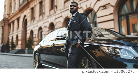 Elegant Businessman with Luxury Car in Urban Setting. Generative ai Elegant Businessman with Luxury Car in Urban Setting. Generative ai 133063273