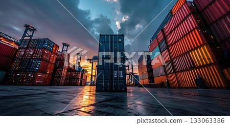 Colorful Cargo Containers at Commercial Port at Sunset. Generative ai Colorful Cargo Containers at Commercial Port at Sunset. Generative ai 133063386