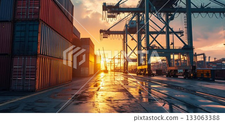 Colorful Cargo Containers at Commercial Port at Sunset. Generative ai 133063388