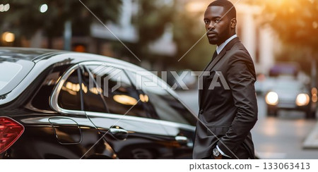 Elegant Businessman with Luxury Car in Urban Setting. Generative ai 133063413