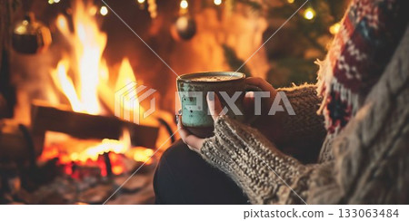 Cozy Winter Evening with a Cup of Hot Beverage. Generative ai Cozy Winter Evening with a Cup of Hot Beverage. Generative ai 133063484