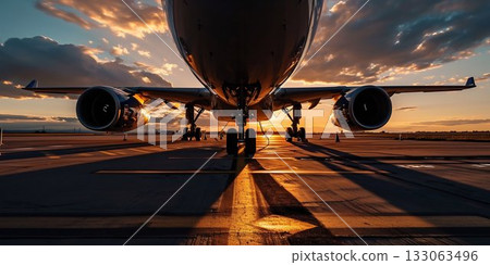 Sunset Takeoff: Airplane on Runway. Generative ai 133063496