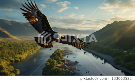 Majestic Eagle Soaring Over Sunlit River Valley. Generative ai 133063523