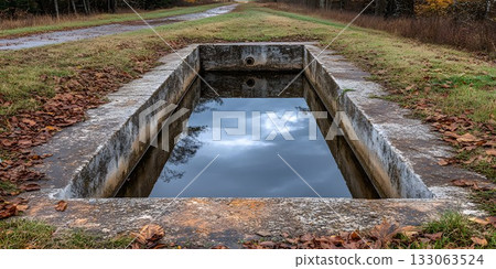 Reflective concrete structure capturing sky in rural landscape, autumnal mood, nobody present. 133063524