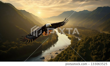 Majestic Eagle Soaring Over Sunlit River Valley. Generative ai 133063525