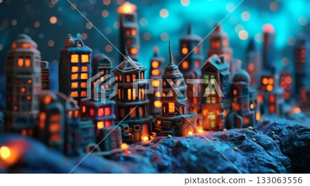 Enchanted Miniature Felt Cityscape at Night. Generative ai 133063556