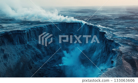 Dramatic Aerial View of Volcanic Eruption with Plume of Smoke and Ash Dramatic Aerial View of Volcanic Eruption with Plume of Smoke and Ash 133063606