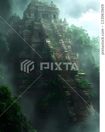 Mystical Temple Ascent: Ancient Ruins Hidden Amidst Lush Green Jungle Mystical Temple Ascent: Ancient Ruins Hidden Amidst Lush Green Jungle 133063609