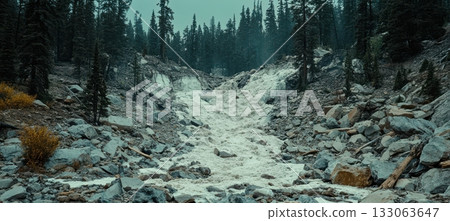 Winter Landscape: Snowy Valley with Boulders and Evergreen Trees on Gloomy Day 133063647