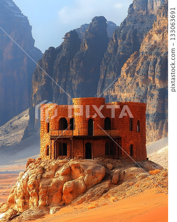 Ancient Stone Fortress Stands Proudly Against Majestic Mountain Range Backdrop 133063691