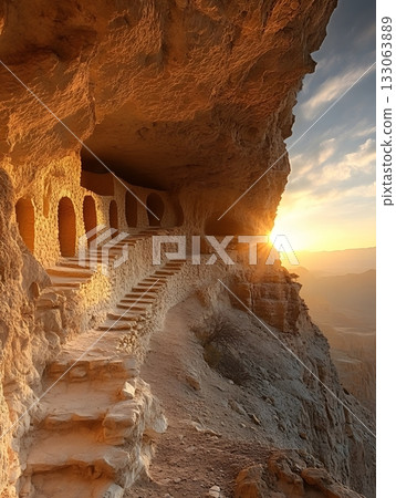 Carved Cave Stairway at Sunset: A Beautiful Natural Wonder Landscape 133063889