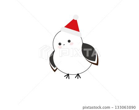 Illustration of a long-tailed tit wearing a Christmas hat 133063890