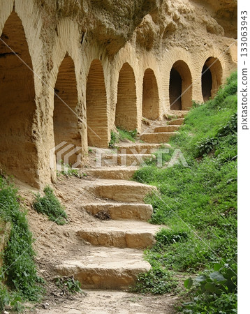 Ancient Stone Stairway Leading to Arched Entrances in Natural Rock Formation 133063943