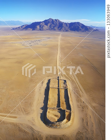 Nevada desert landscape with modern artwork installation and distant mountains. 133063949