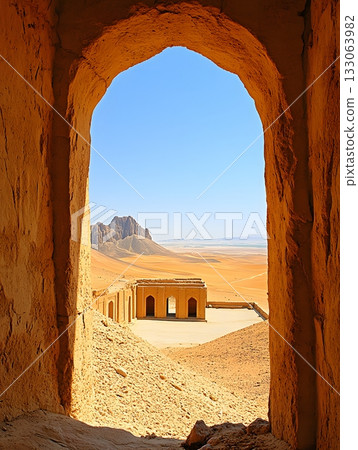 Desert Ruins: Gazing Through Ancient Arches in a Timeless Persian Landscape Desert Ruins: Gazing Through Ancient Arches in a Timeless Persian Landscape 133063982