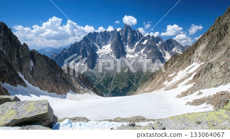 Breathtaking Mont Blanc Massif Landscape: Snow-Capped Peaks, Valley, and Azure Sky 133064067