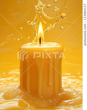 Candle flame erupting in golden liquid, with splash and droplet detail. 133064157
