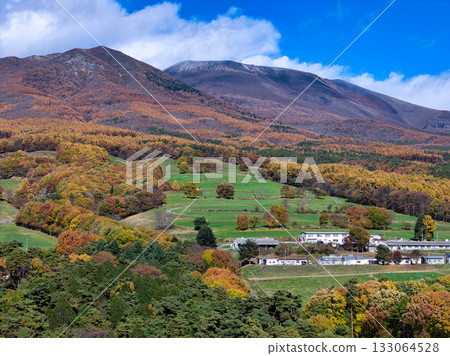 Beautiful autumn foliage at the foot of Mount Asama, Mount Kengamine, and snow-capped Mount Maekake in Miyota Town, Nagano Prefecture (aerial photo taken by drone) 133064528