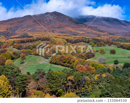 長野縣宮田町淺間山、劍峰山和白雪皚皚的前掛山山腳下美麗的秋葉（無人機空拍照片） 133064530
