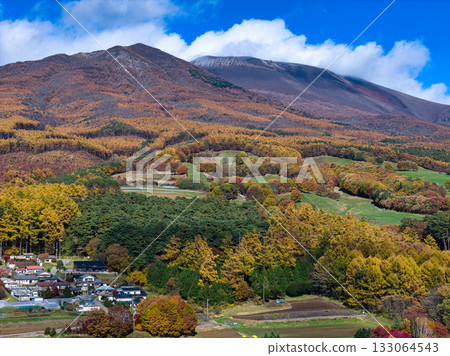 Beautiful autumn foliage at the foot of Mount Asama, Mount Kengamine, and snow-capped Mount Maekake in Miyota Town, Nagano Prefecture (aerial photo taken by drone) Beautiful autumn foliage at the foot of Mount Asama, Mount Kengamine, and snow-capped Mount Maekake in Miyota Town, Nagano Prefecture (aerial photo taken by drone) 133064543